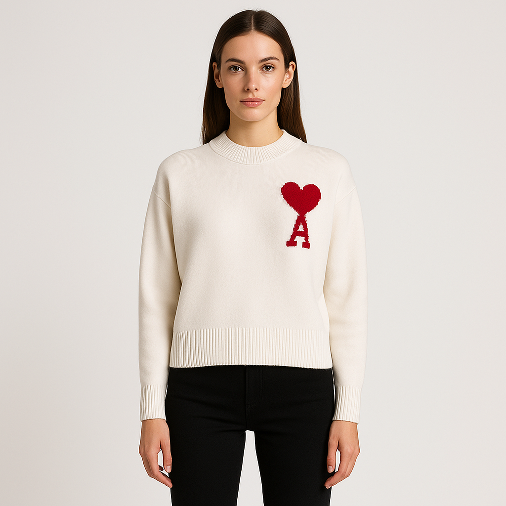 Men's oversized crew neck sweater featuring a prominent heart motif, perfect for casual men's fashion.