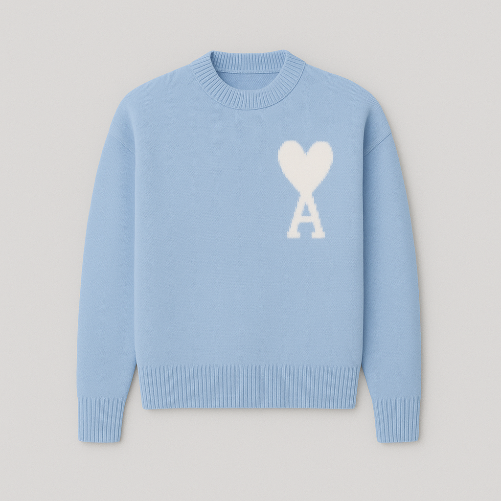 Men's casual oversized crew neck sweater with a large heart motif, showcasing its relaxed fit and modern design.