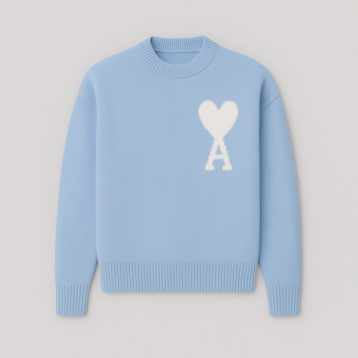 Men's casual oversized crew neck sweater with a large heart motif, showcasing its relaxed fit and modern design.