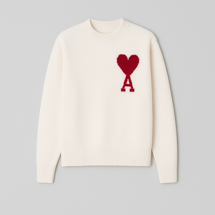 Fashionable men's oversized sweater, crew neck, adorned with a unique heart motif for a modern, relaxed look.