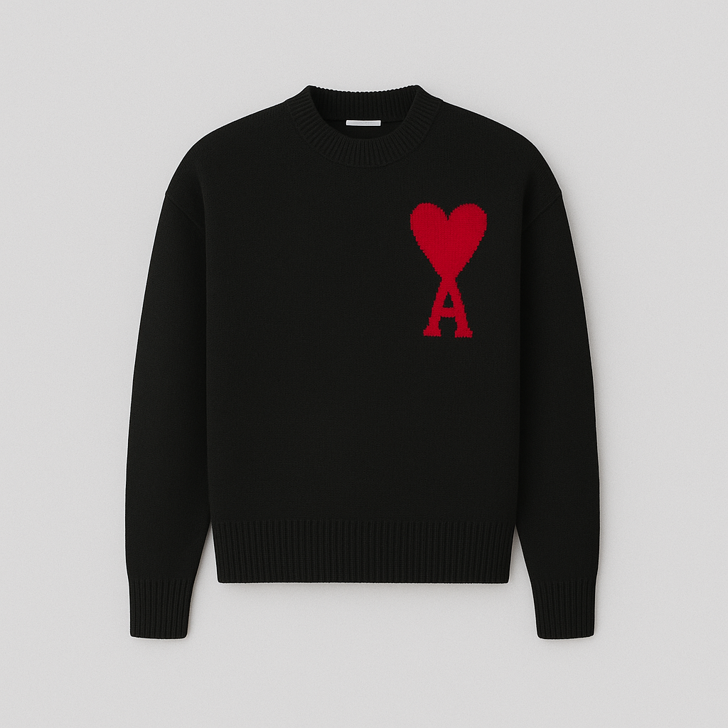 Casual men's oversized sweater, classic crew neck, featuring a bold heart motif, versatile for all seasons.