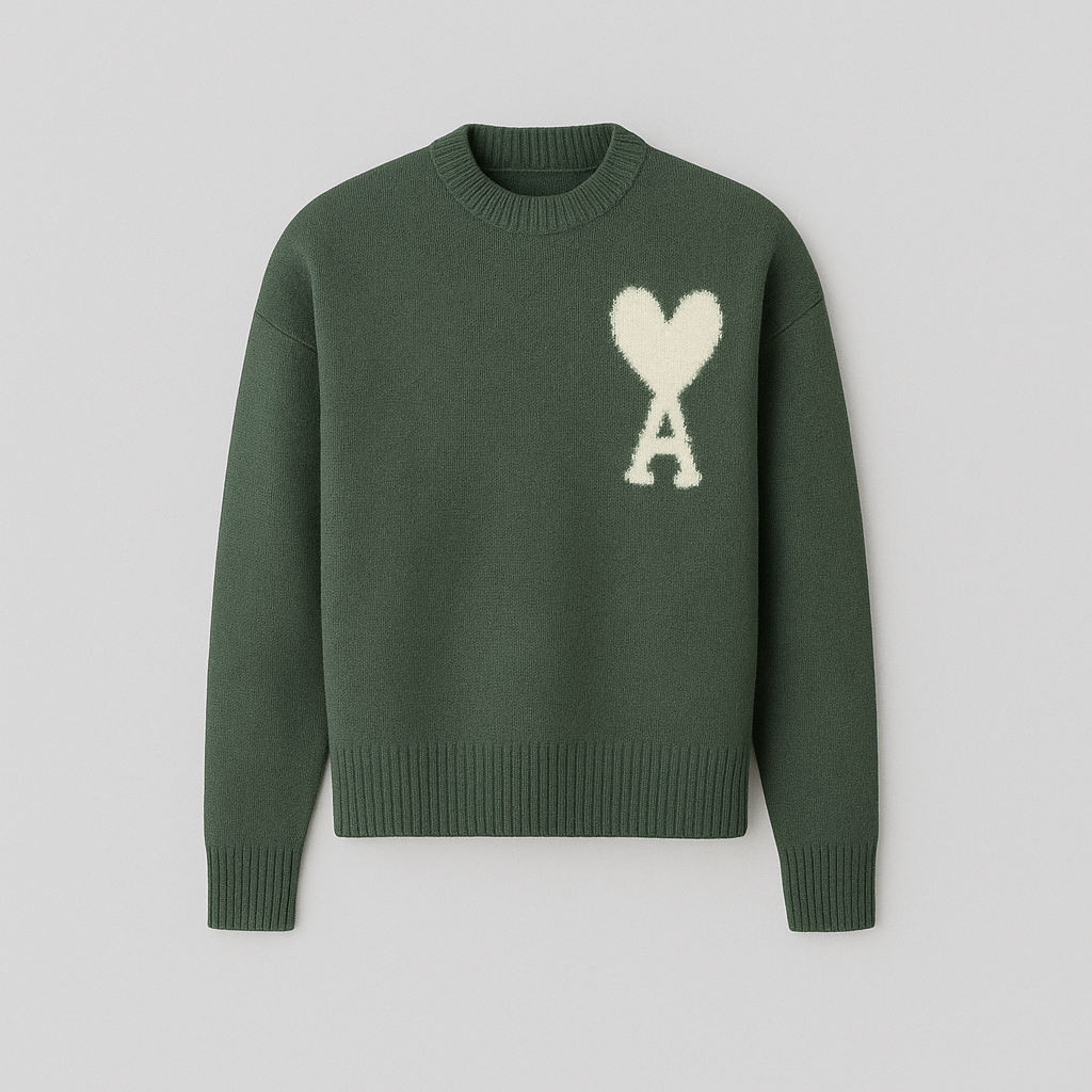 Pullover men's oversized sweater, crew neck style, adorned with a distinctive heart motif, great for trendy outfits.