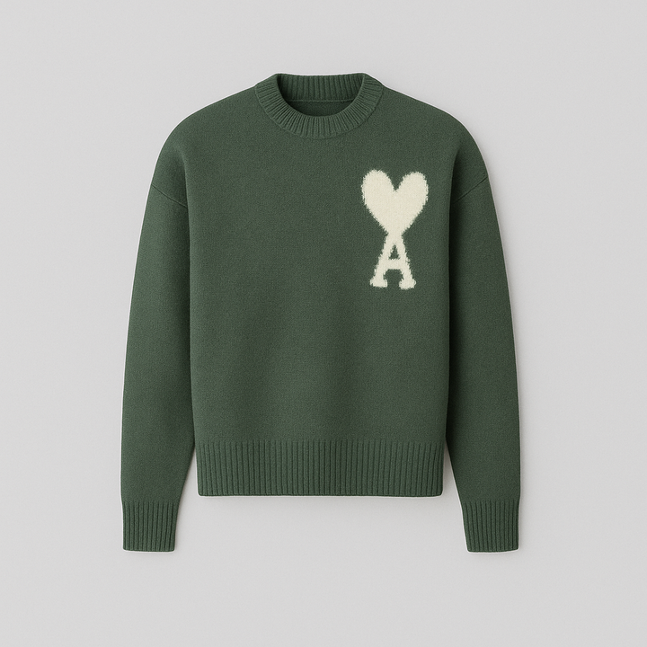 Pullover men's oversized sweater, crew neck style, adorned with a distinctive heart motif, great for trendy outfits.