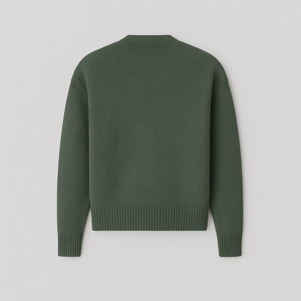 Essential men's fashion: an oversized crew neck sweater with a modern heart motif, perfect for a relaxed aesthetic.