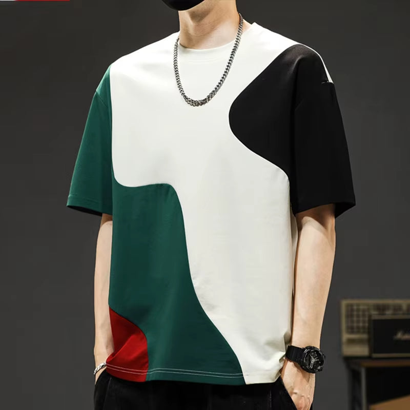 Casual wear men's multi-panel tee, featuring a unique crossover design and drop shoulders for streetwear fashion.