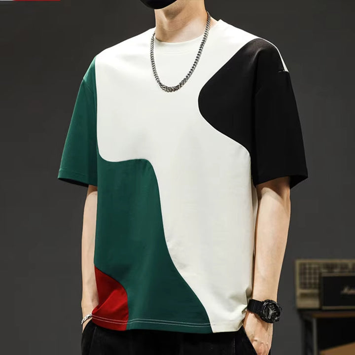 Casual wear men's multi-panel tee, featuring a unique crossover design and drop shoulders for streetwear fashion.