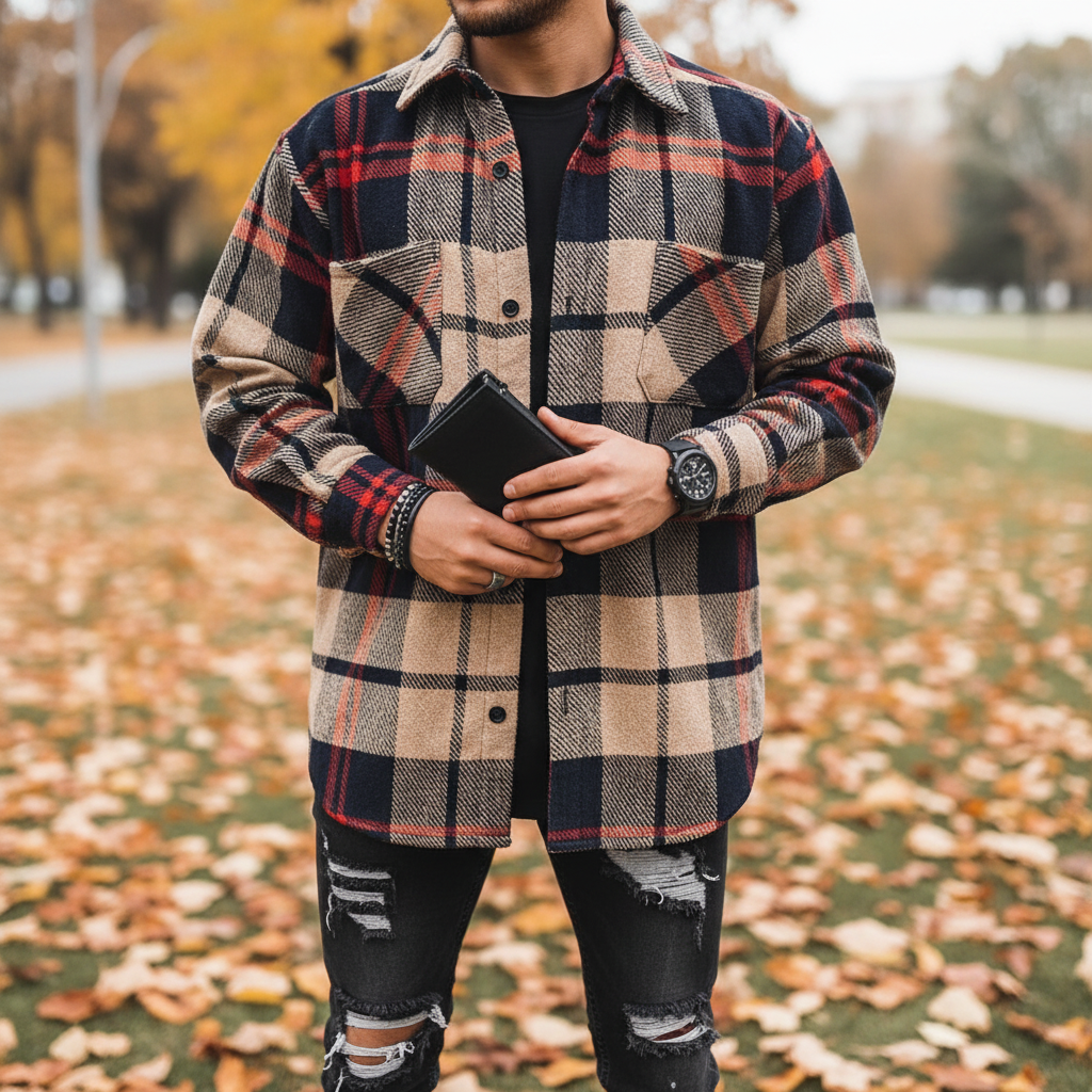 Men's oversized long-sleeve shirt with black and white diamond pattern for casual autumn wear