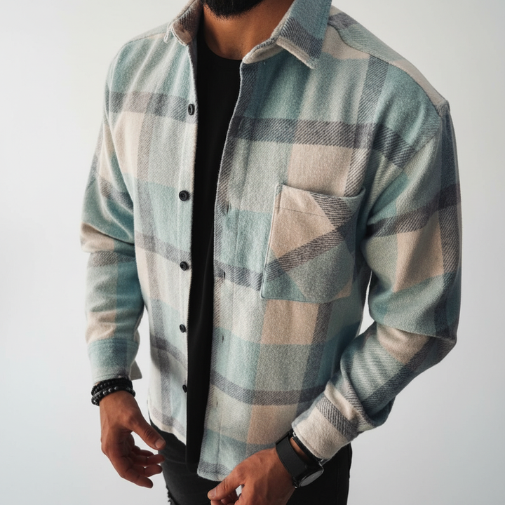 Elegant men's oversized long-sleeve shirt, diamond patterned cotton blend, versatile winter clothing