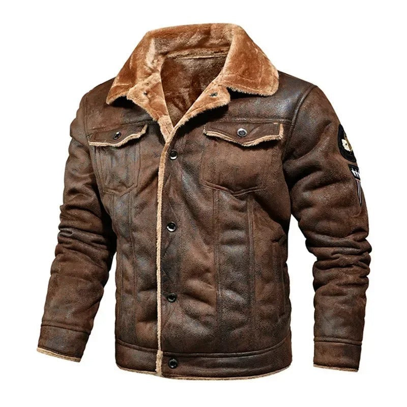Stylish men's oversized khaki leather jacket, warm & comfortable. Versatile autumn & winter outerwear for casual look.