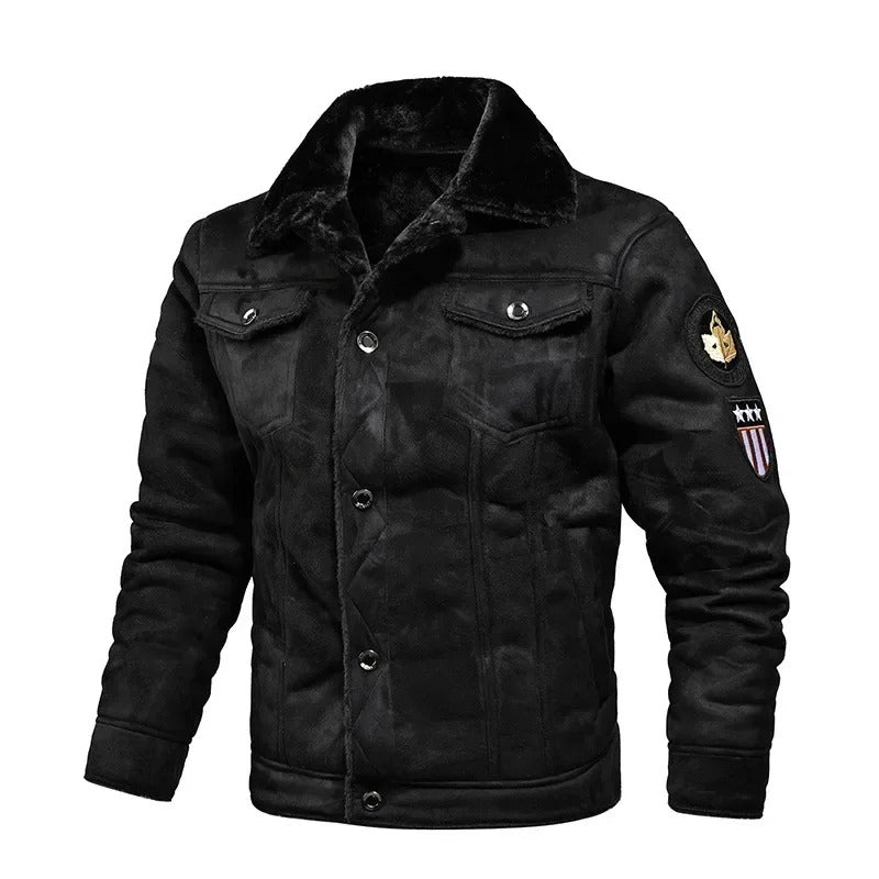 Warm men's black oversized leather jacket, perfect for autumn & winter. Stylish and comfortable casual outerwear.