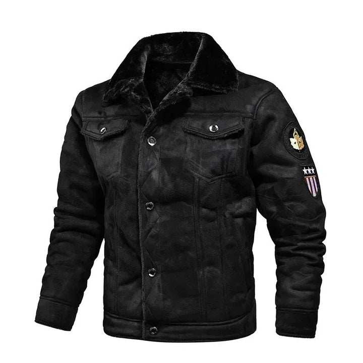 Warm men's black oversized leather jacket, perfect for autumn & winter. Stylish and comfortable casual outerwear.