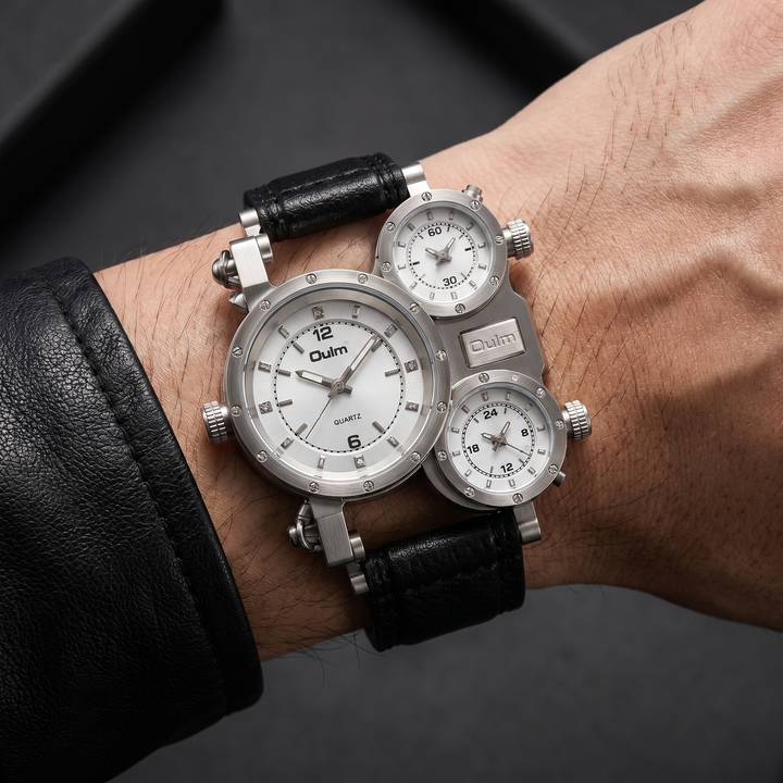 Men's oversized world-time quartz watch with a bold alloy case, perfect for a statement fashion accessory.