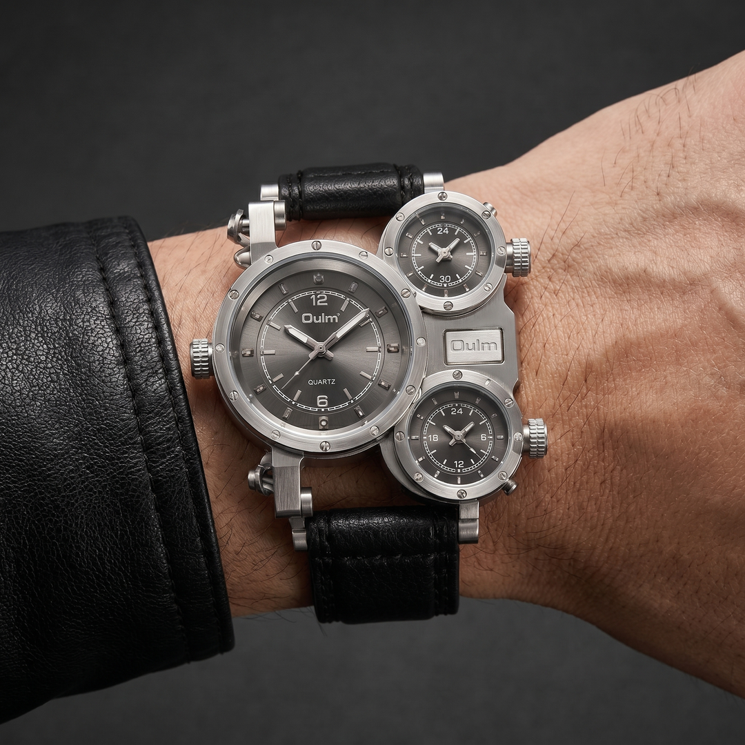 Close-up of a men's oversized quartz world-time watch, showcasing the detailed dial and robust alloy case.