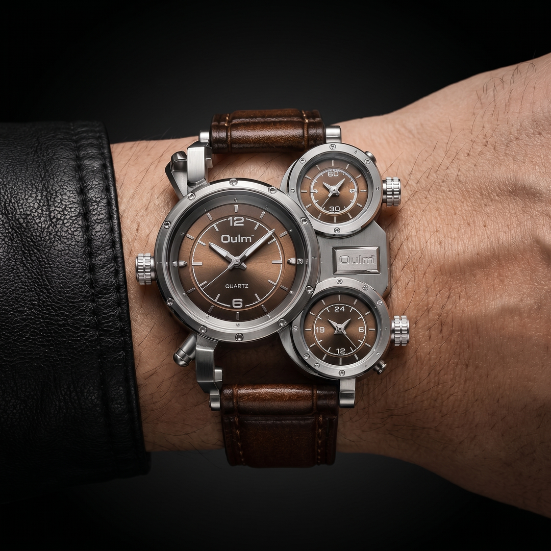 World-time quartz watch for men, oversized design with a striking dial and a sleek, modern alloy case.