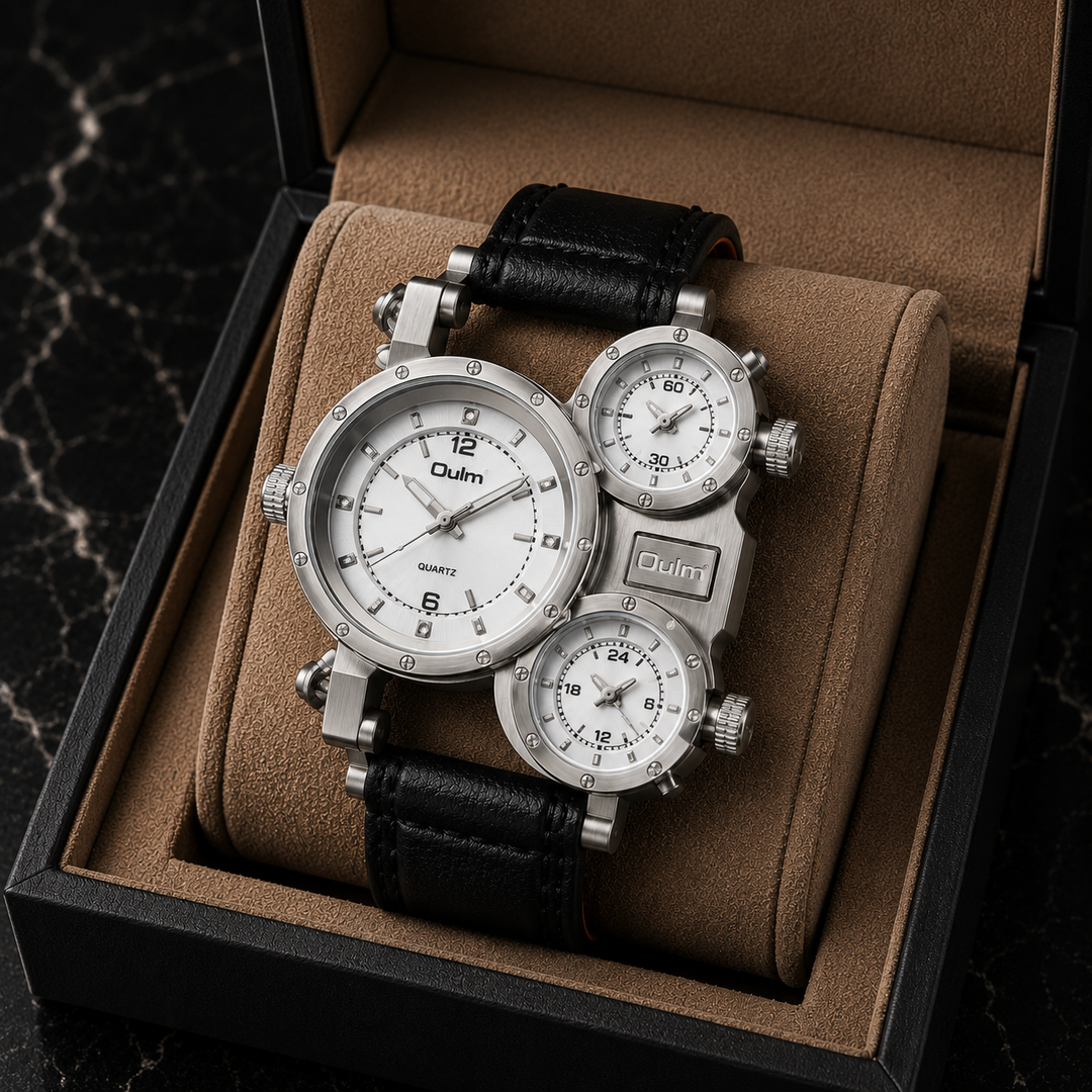 Side view of a men's oversized world-time quartz watch, highlighting its thick alloy case and crown details.
