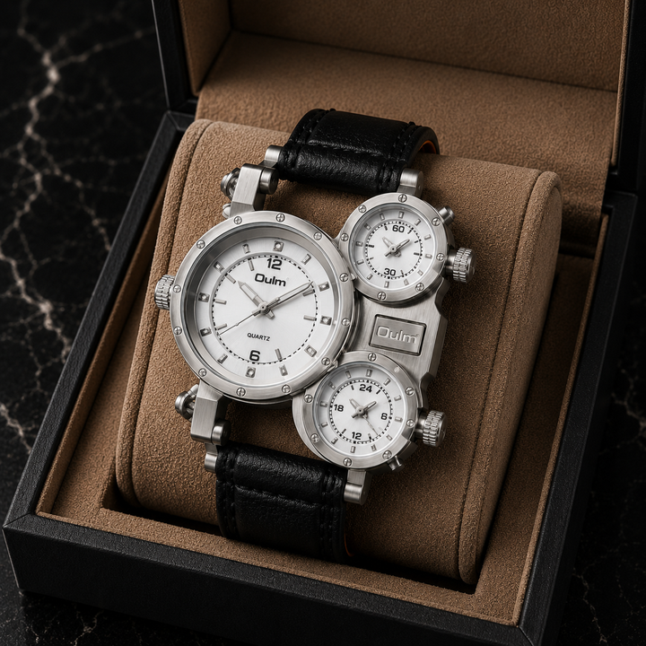 Side view of a men's oversized world-time quartz watch, highlighting its thick alloy case and crown details.