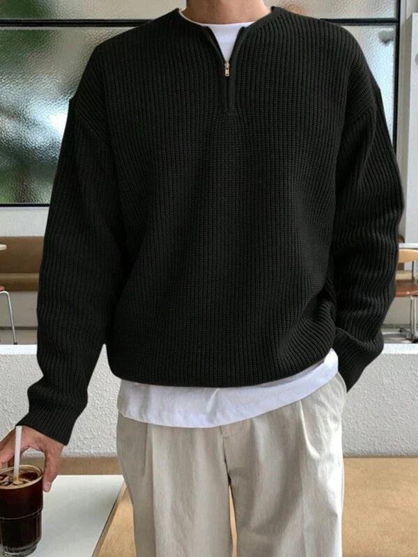 Close-up of the zipper detail on a men's oversized long sleeve sweater, highlighting quality and casual appeal.