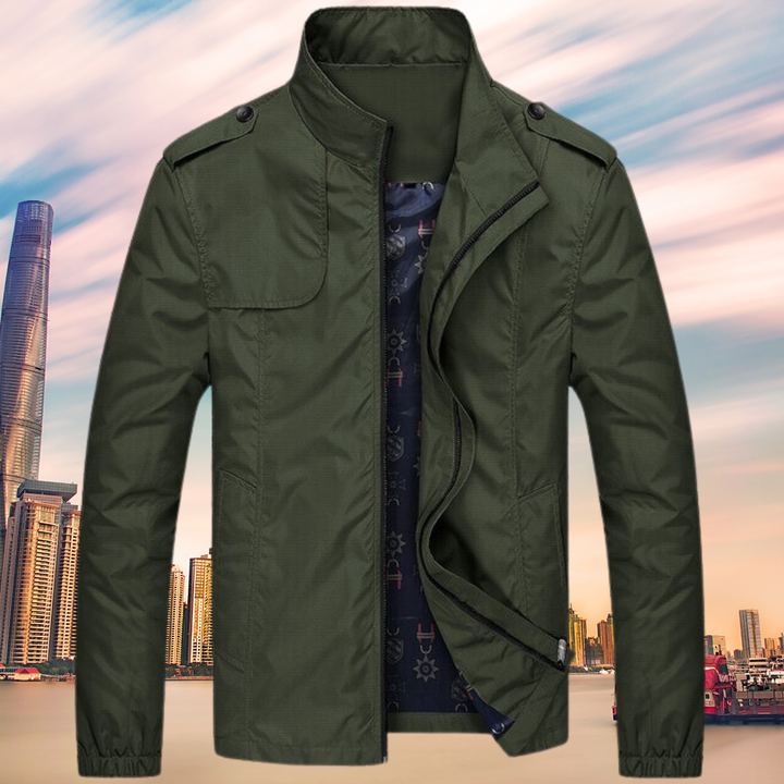 Man in modern Oxford mid-coat, a sleek waterproof & windproof jacket, ideal for city fashion & rain.