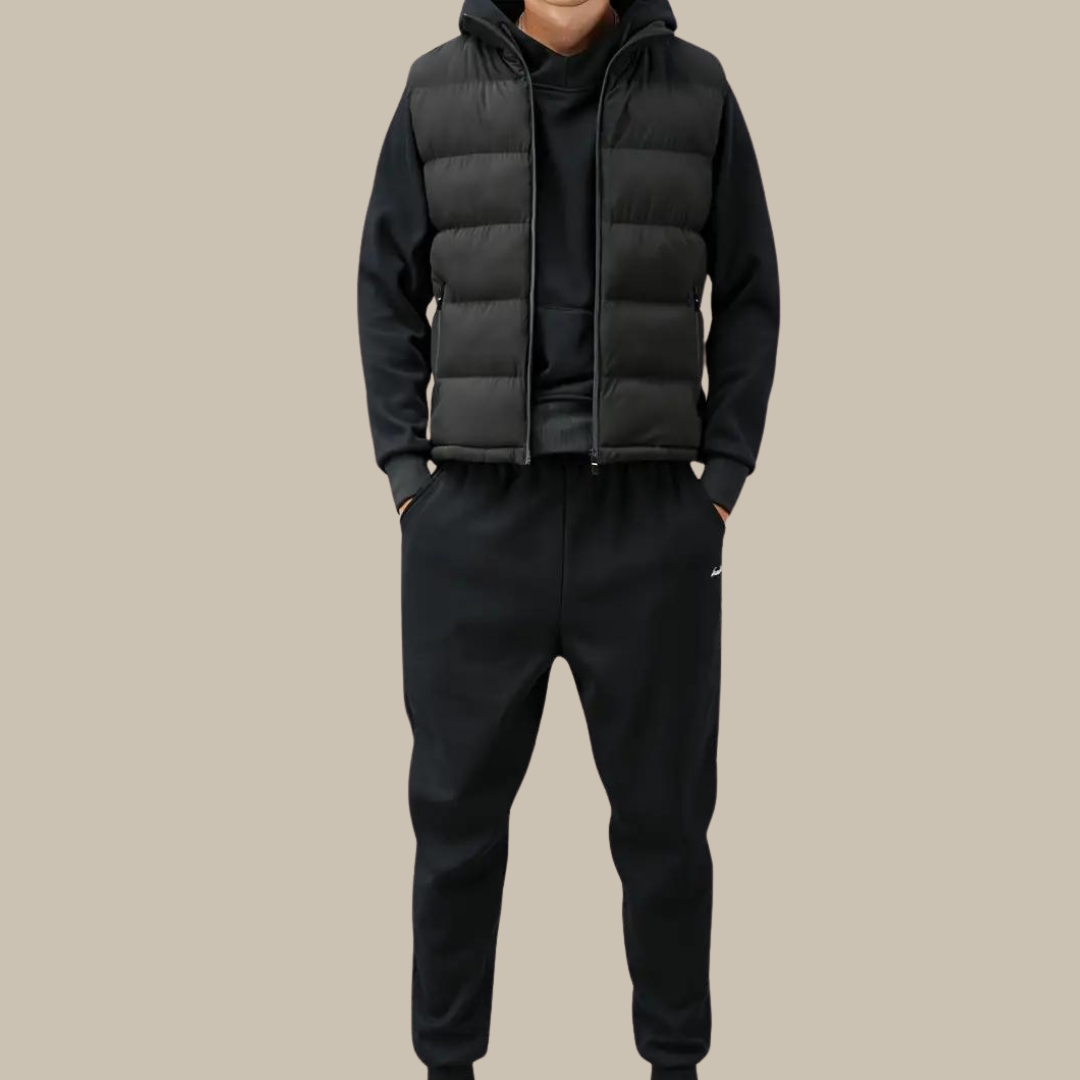 Men's padded bodywarmer, water-repellent, stylish & premium comfort for cold weather outdoor wear.