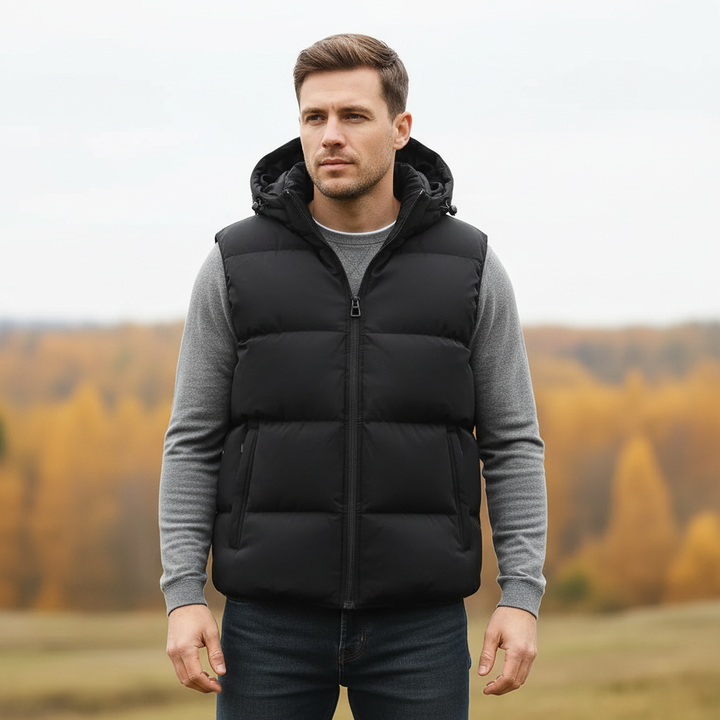 Men's padded hooded vest in black, wind-resistant active wear for autumn fashion