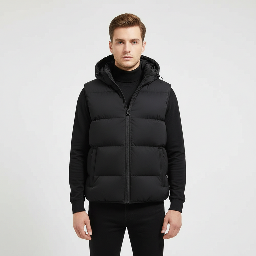 Lightweight men's padded vest with hood, water repellent outerwear for winter vest style