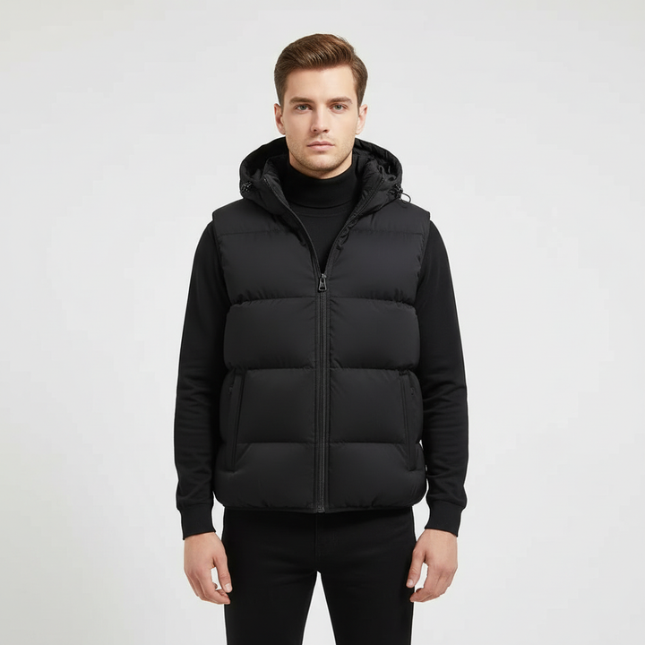 Lightweight men's padded vest with hood, water repellent outerwear for winter vest style