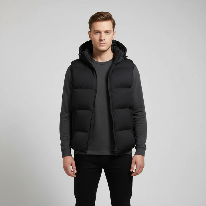 Close-up of men's padded vest fabric texture, showing quilted detail of hooded outerwear