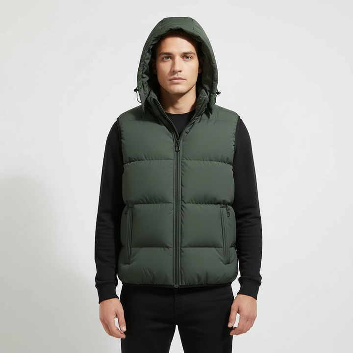 Side view of men's lightweight padded vest, highlighting its hooded design and wind resistance