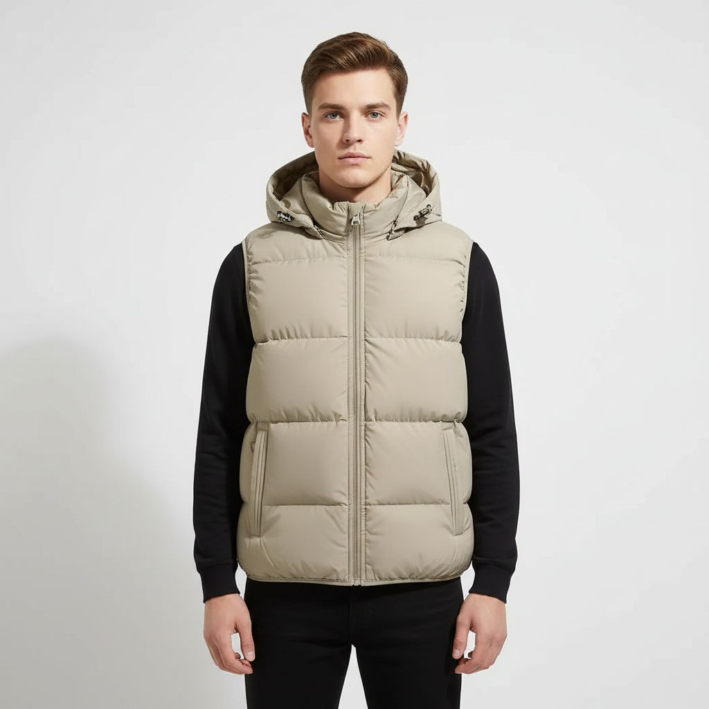 Men's sleeveless padded jacket with hood, durable and water repellent for outdoor wear