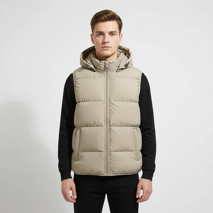 Men's sleeveless padded jacket with hood, durable and water repellent for outdoor wear