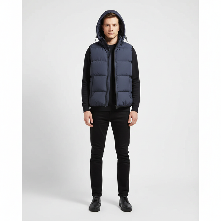 Stylish men's padded hooded vest, combining functionality with modern autumn fashion outerwear