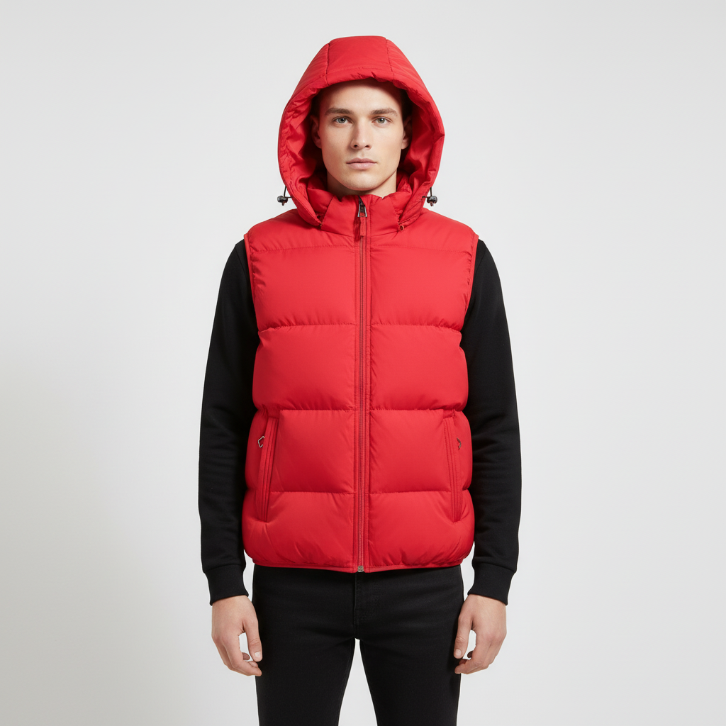 Back view of men's padded vest with hood, perfect lightweight jacket for active lifestyle
