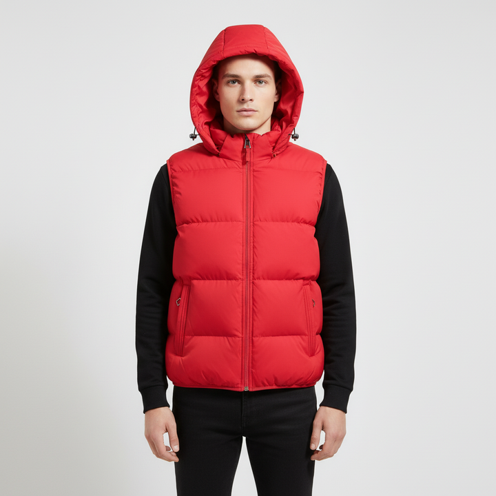 Back view of men's padded vest with hood, perfect lightweight jacket for active lifestyle