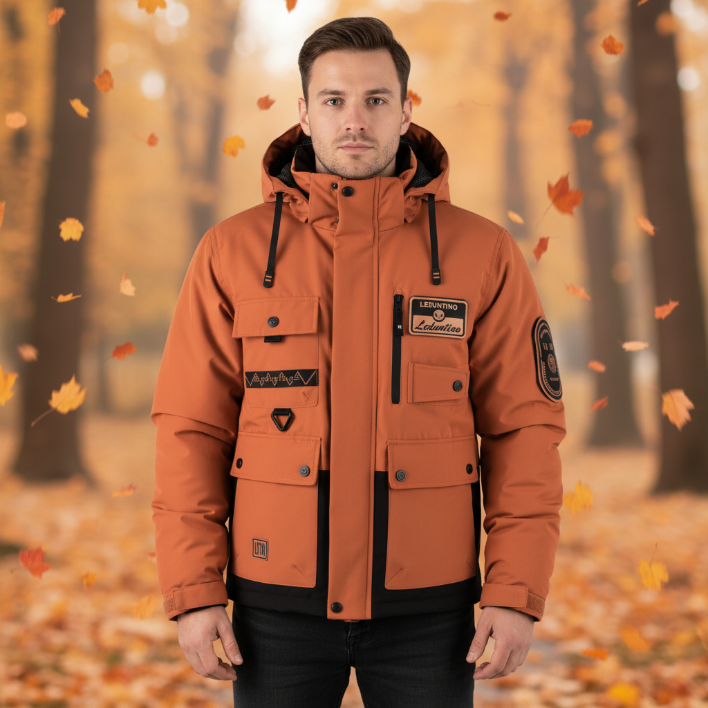 Men's padded outdoor jacket, water-repellent, removable hood, black for winter sports