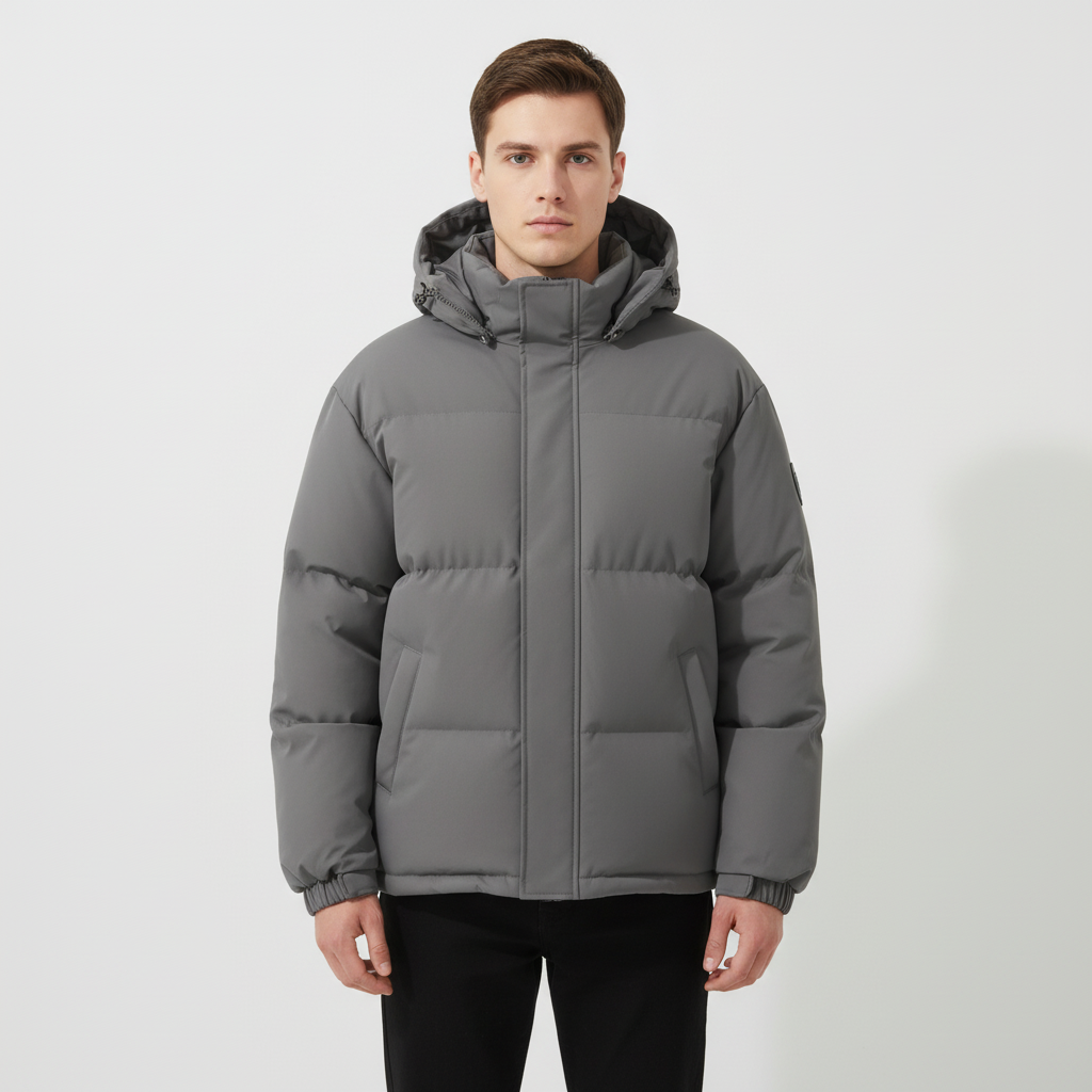 Men's padded outdoor jacket against a snowy backdrop, highlighting its warmth for winter.