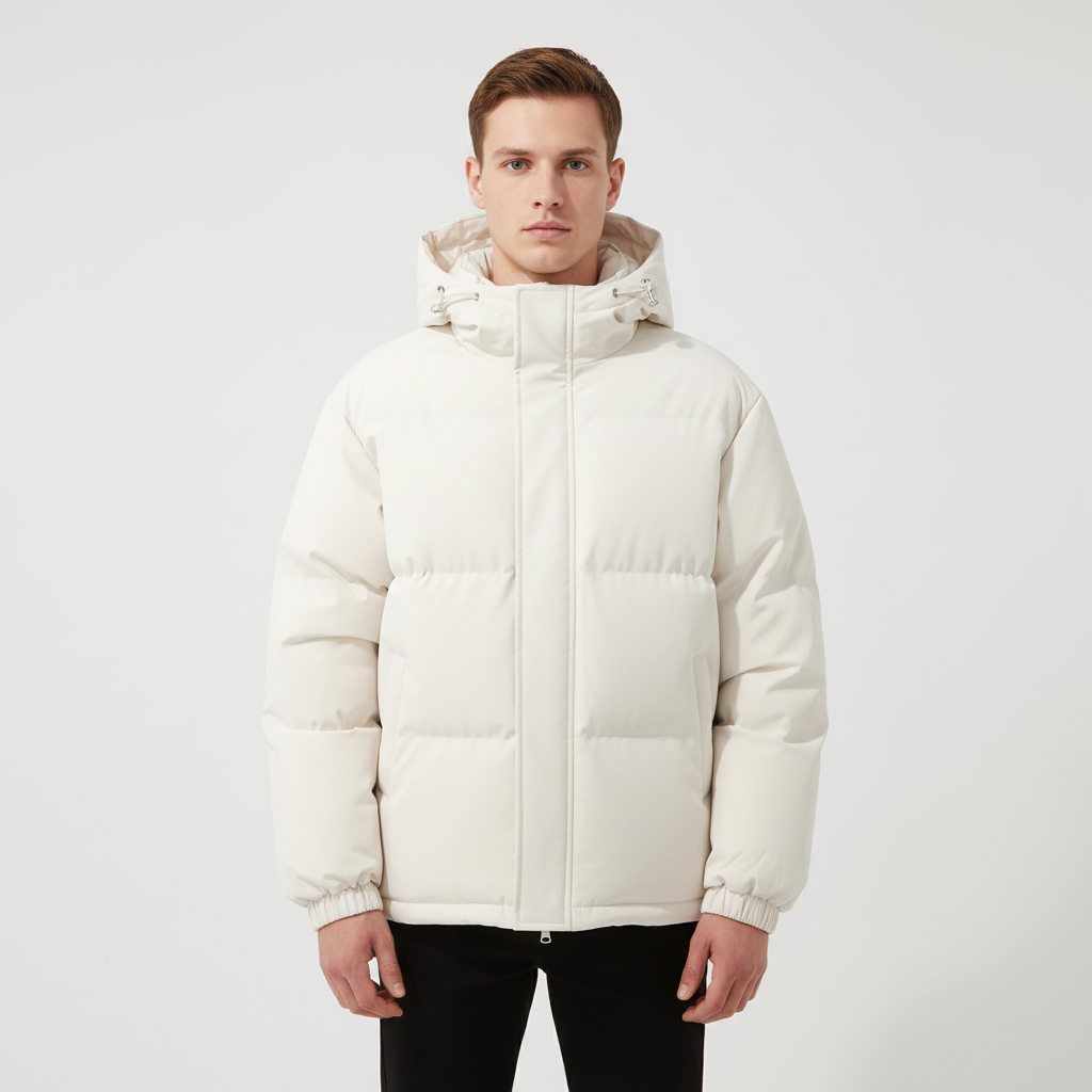 Stylish men's weatherproof padded jacket for cold weather, a warm and fashionable winter coat.