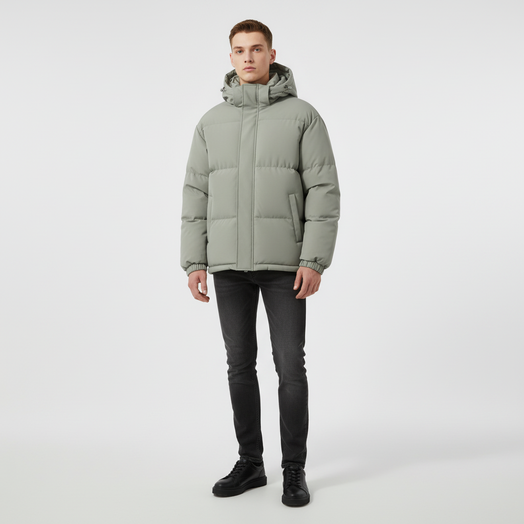 Full shot of a man wearing a black padded outdoor jacket, perfect for men's winter fashion.