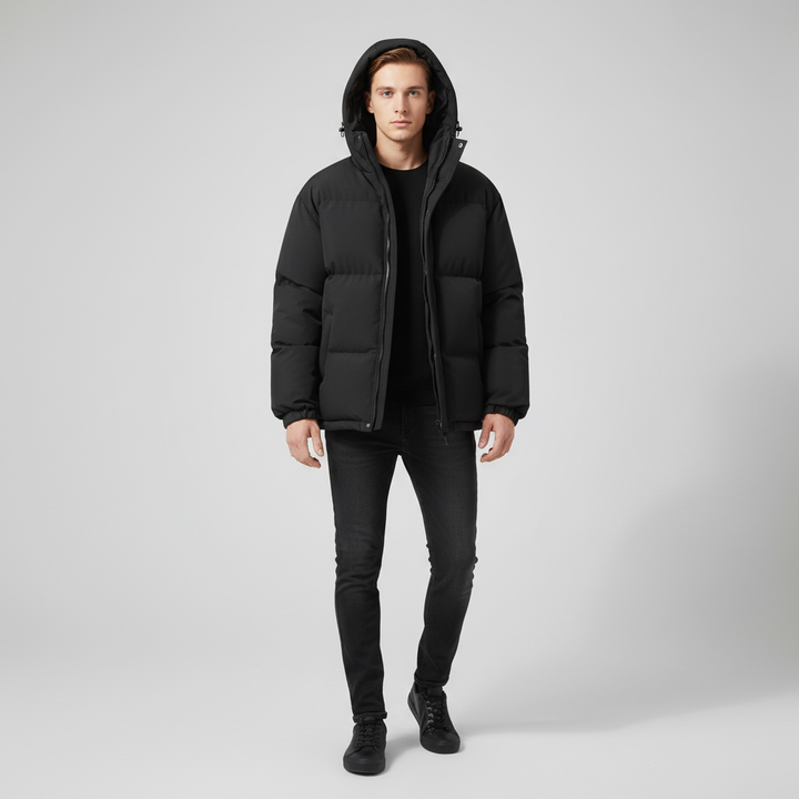 Durable men's padded thermal jacket for outdoor wear, providing warmth and protection from elements.