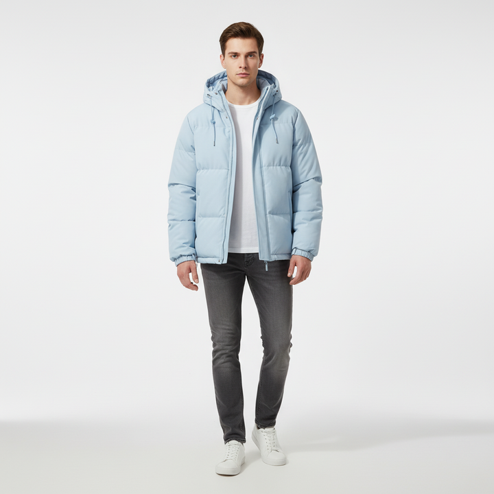 Fashionable men's thermal outdoor jacket with a sleek design, suitable for cold weather.
