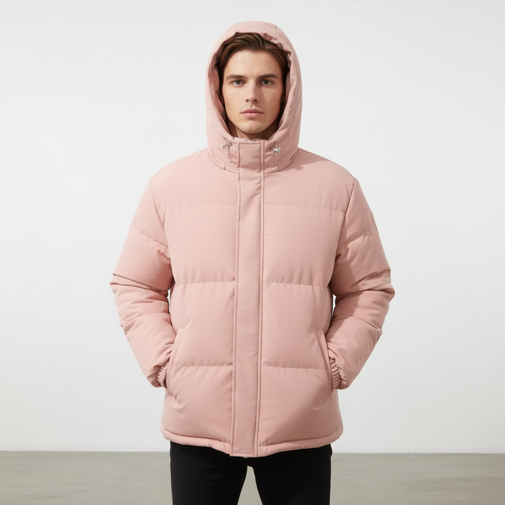 Detail of the weatherproof fabric on a men's padded winter jacket, offering superior warmth.