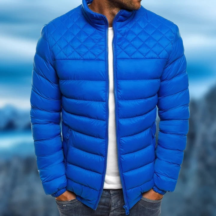 Front view of a warm men's padded water-resistant jacket. Durable outdoor wear for cold weather.