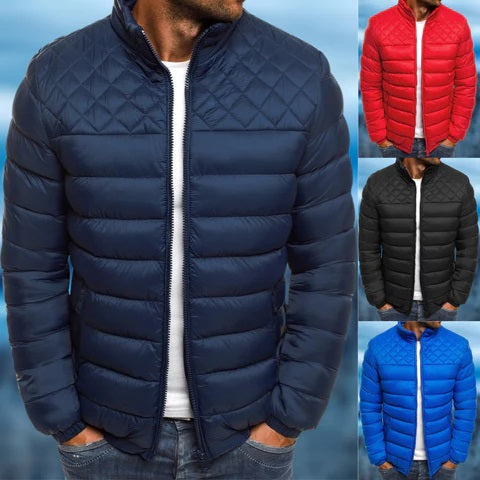Close-up of the water-resistant fabric on a men's stylish padded jacket. Durable and functional outerwear.