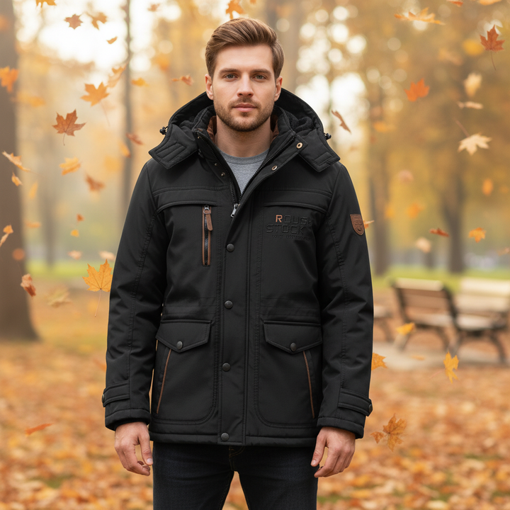 Men's padded waterproof outdoor jacket, navy, with adjustable hood, front view