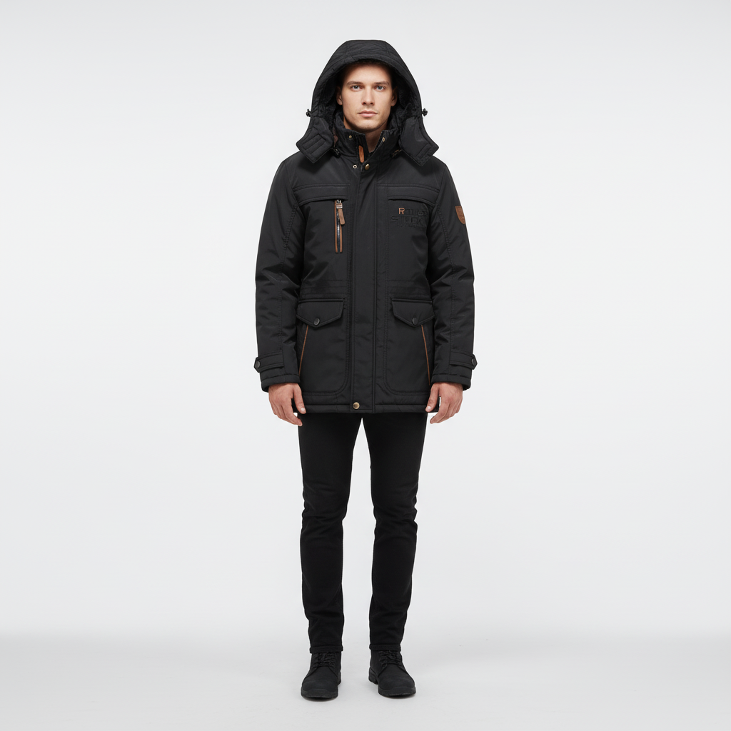 Patrick men's insulated waterproof winter coat, side view, for cold weather