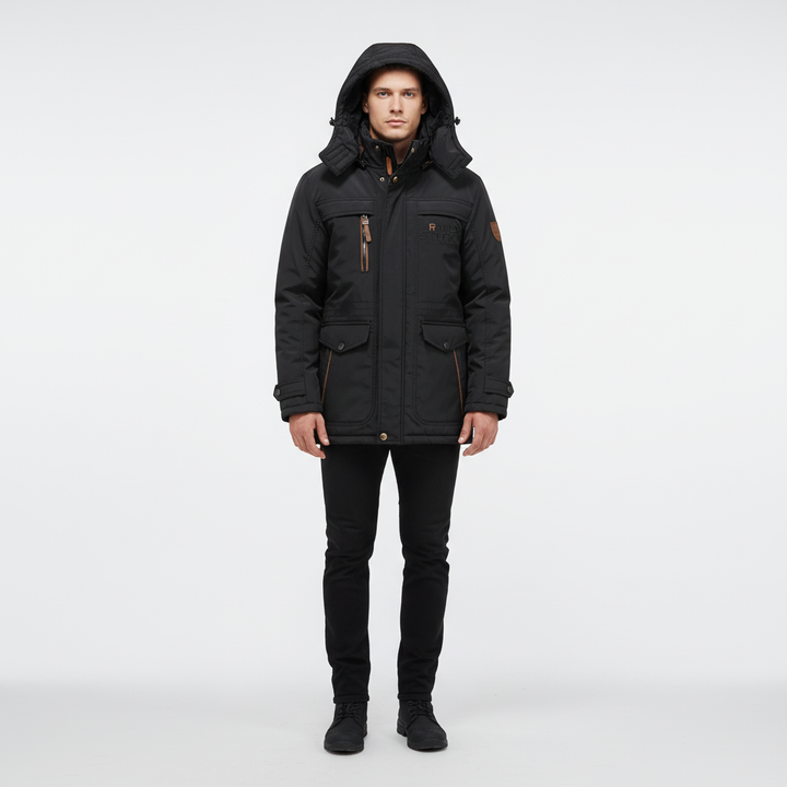Patrick men's insulated waterproof winter coat, side view, for cold weather