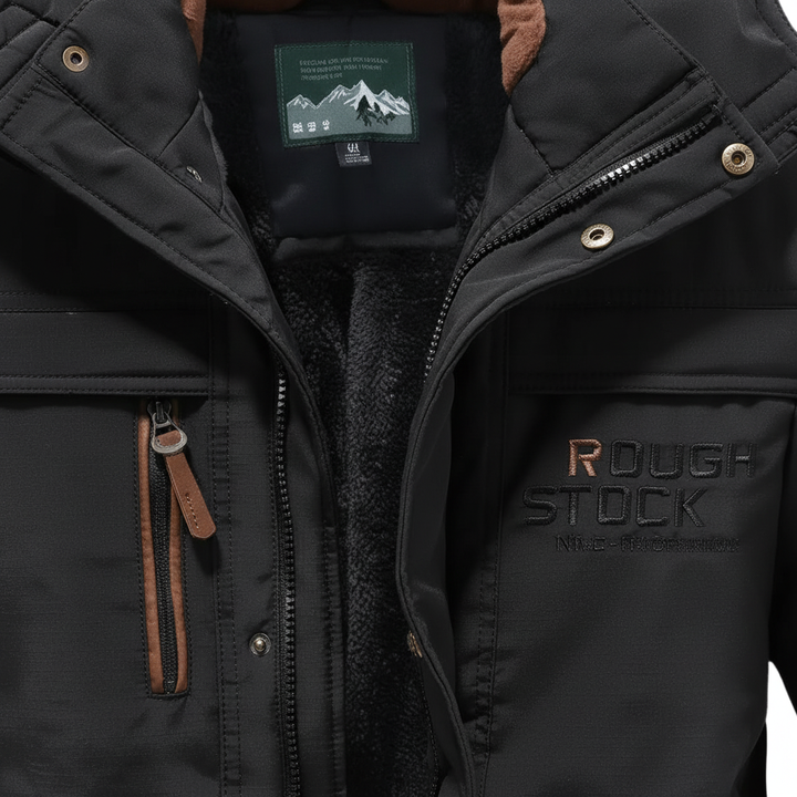 Lightweight men's padded outdoor jacket, windproof, black, zipper detail