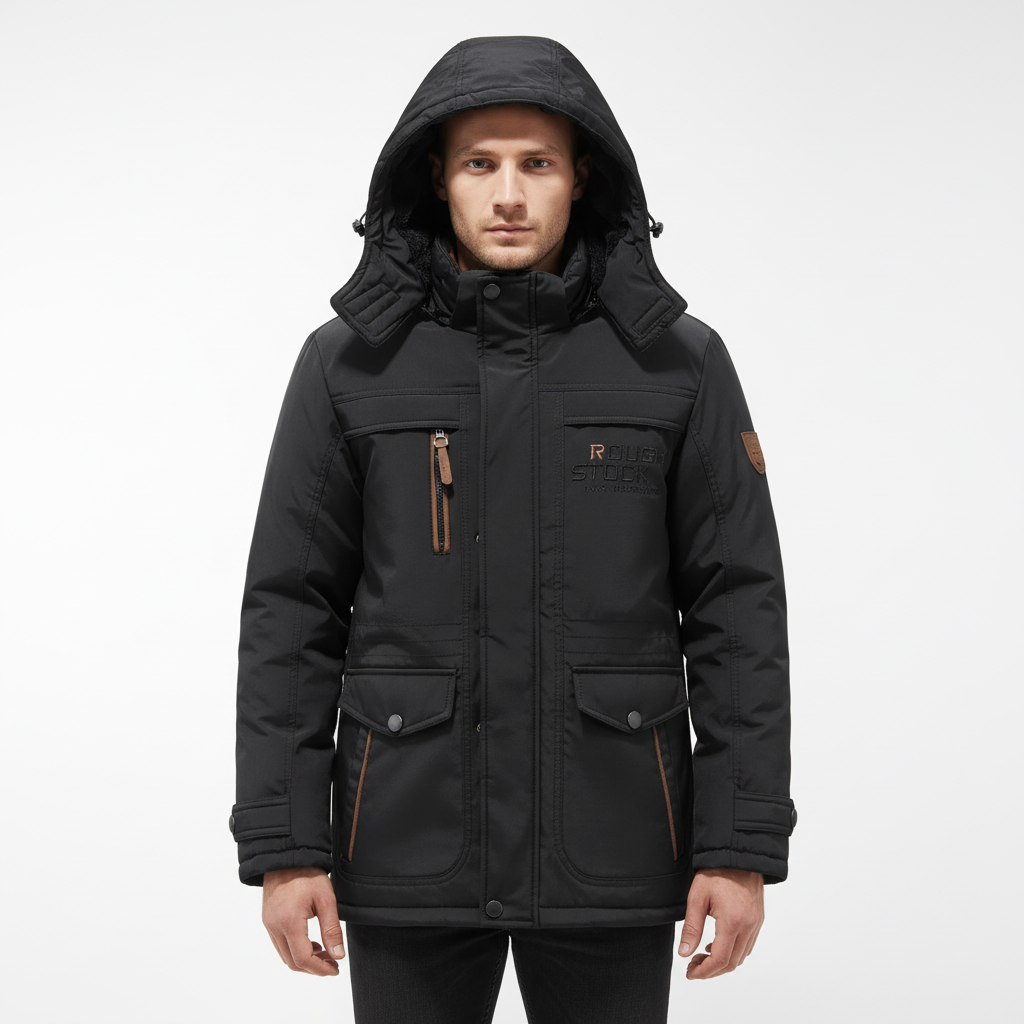 Close-up of the fabric texture of men's padded waterproof outdoor jacket