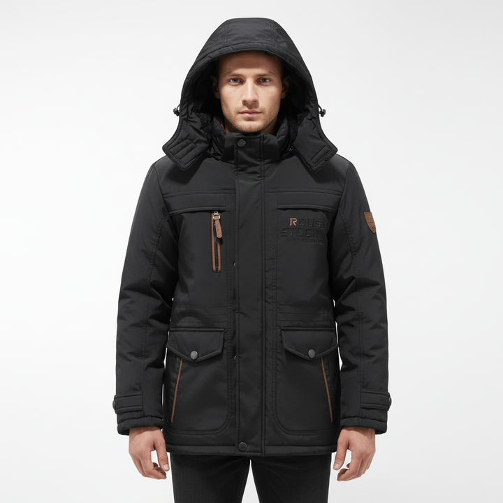 Close-up of the fabric texture of men's padded waterproof outdoor jacket
