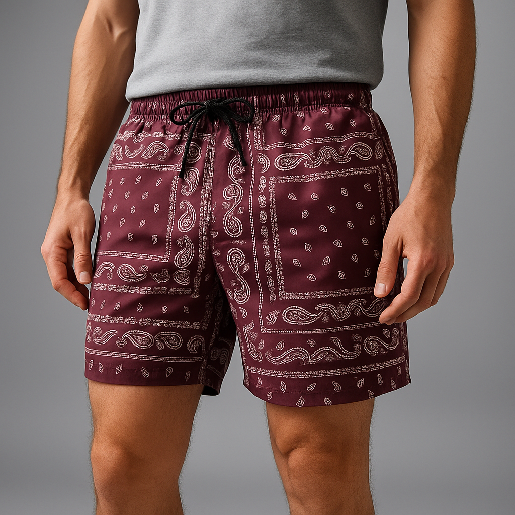 Men's paisley print performance athletic shorts for gym & workouts.