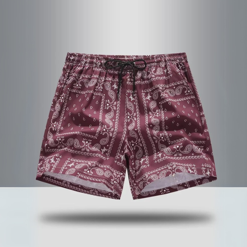 Performance athletic shorts with vibrant paisley print. Ideal for men's gym, workout & casual wear.